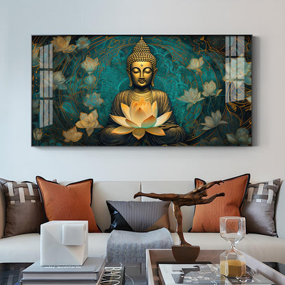 Golden Buddha With Lotus Glass Finish Horizontal Wall Art