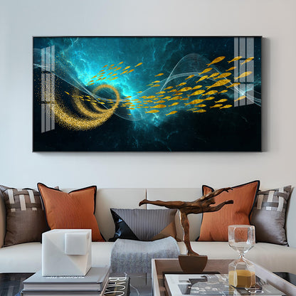 School Of Gold Fish Glass Finish Horizontal Wall Art