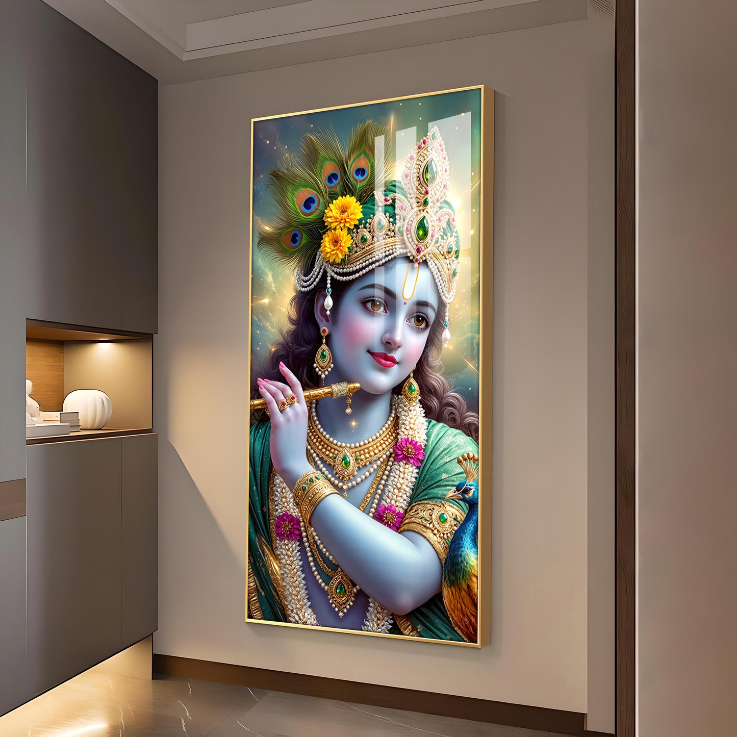 Hare Krishna Ji Glass Finish Vertical Wall Art