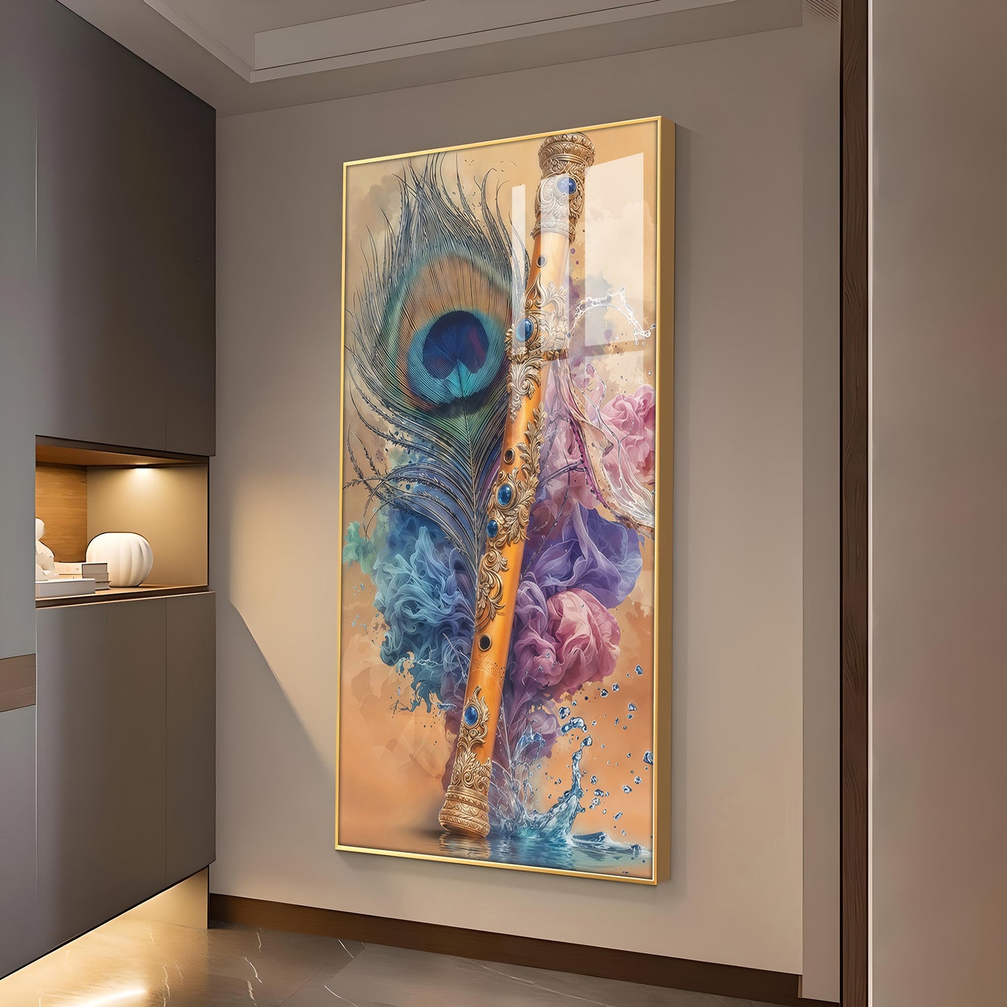 Peacock Feather With Flute Glass Finish Vertical wall Art