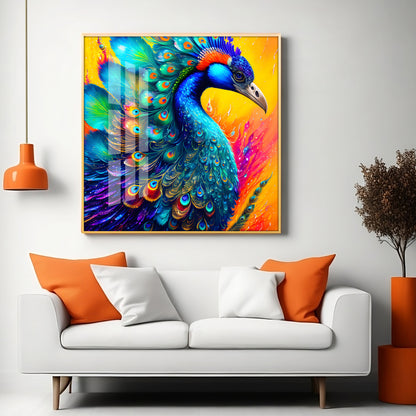 Radiant Peacock Glass Finish Square Wall Art