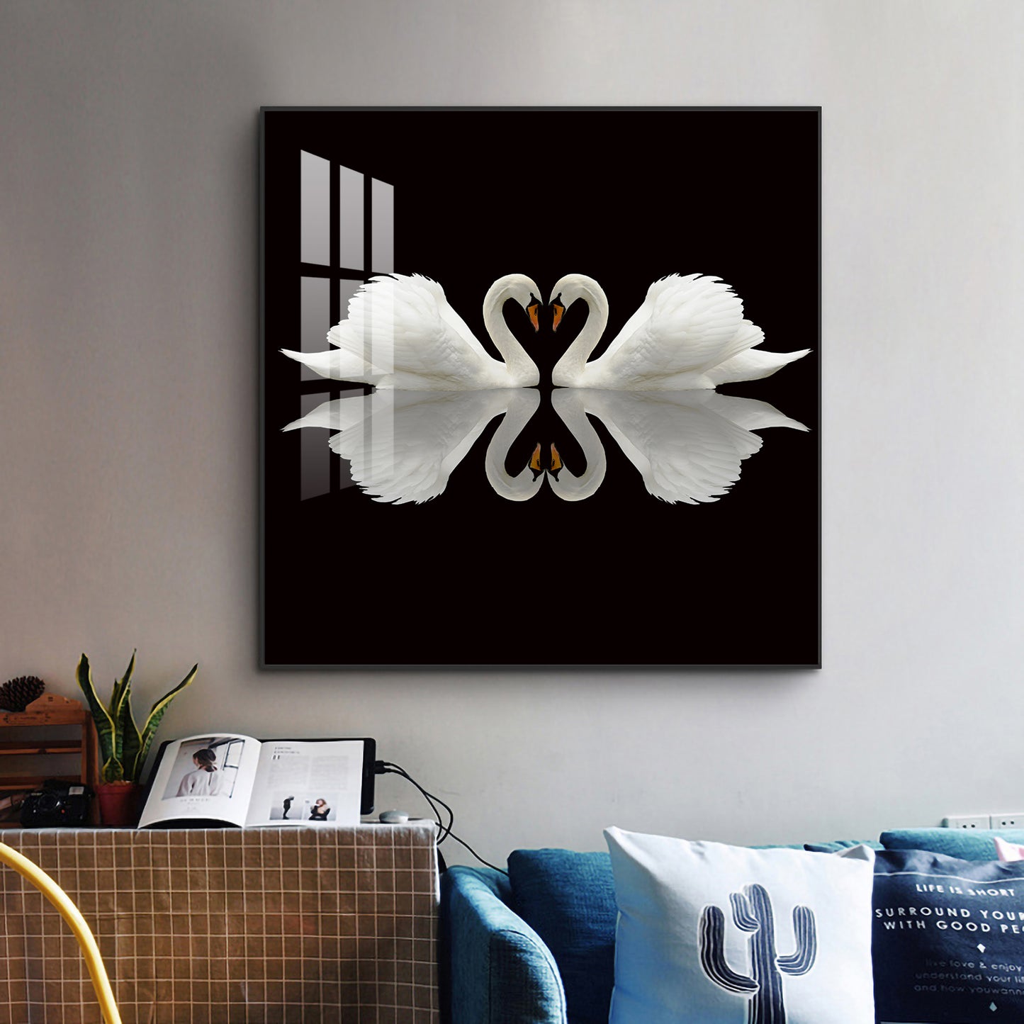 Ethereal Swan Mirage Glass Finish Square Wall Art