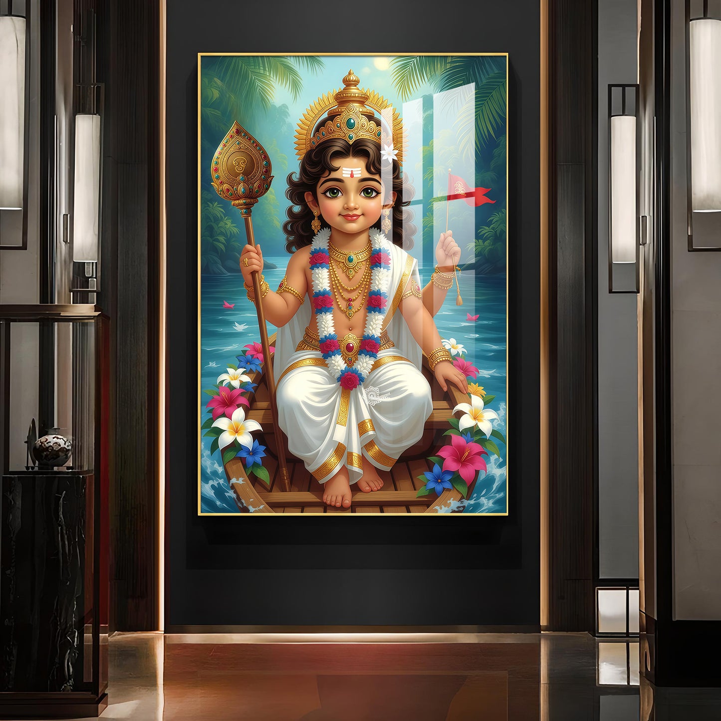 Hindu Lord Kartikeya Ji Glass Finish Vertical Wall Art
