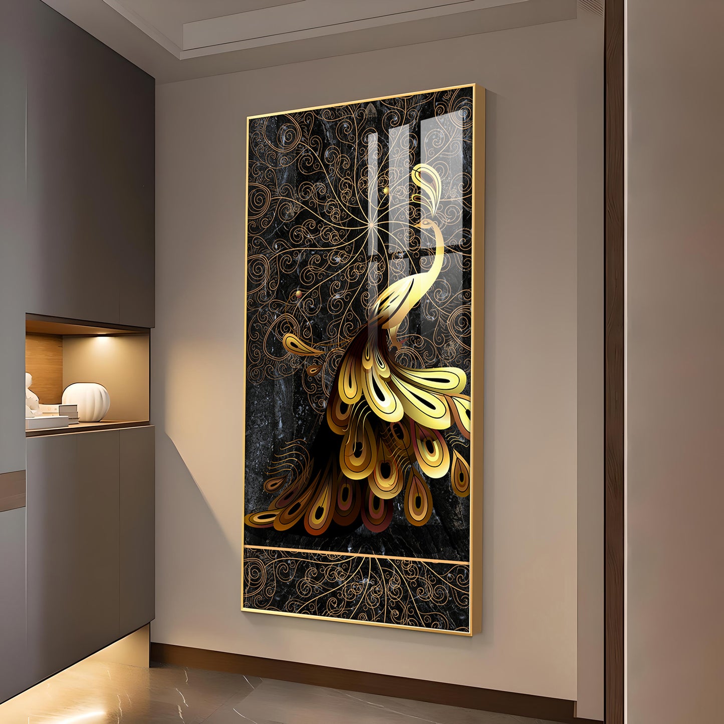 Golden Veil Peacock Glass Finish Vertical Wall Art