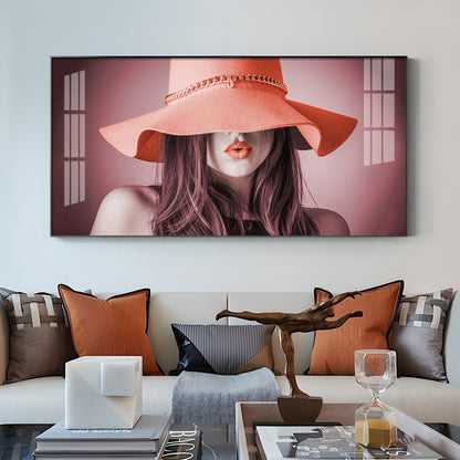 Modern Lady With Hat Glass Finish Horizontal Wall Art