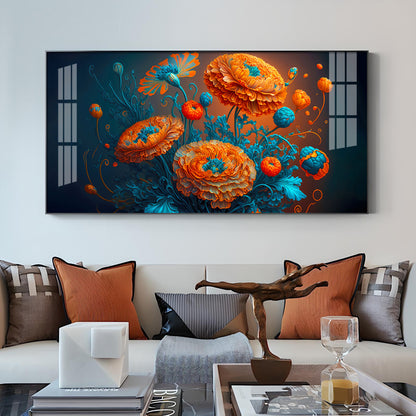 Blooming MariGold Flower Glass Finish Horizontal Wall Art