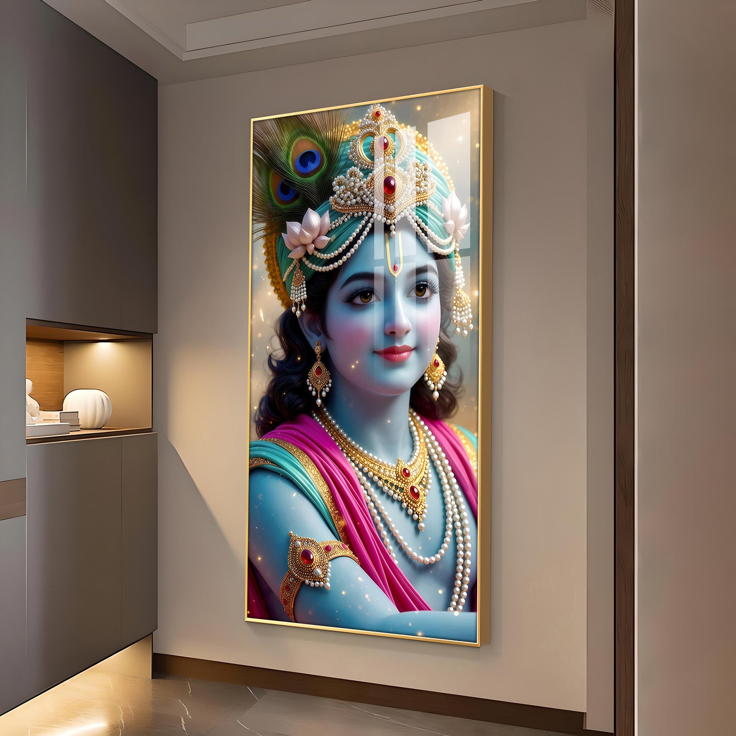 Lord Jai Shri Krishna Glass Finish Vertical Wall Art