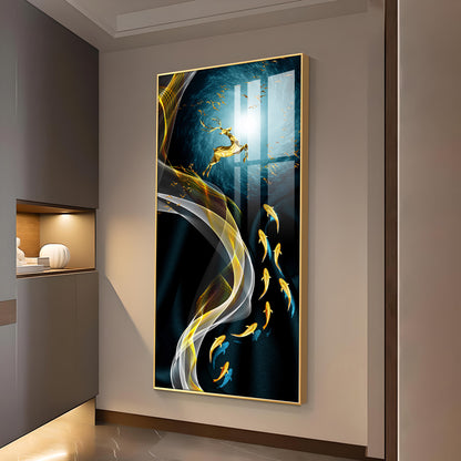 The Golden Swim Glass Finish Vertical Wall Art