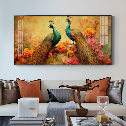 Two Peacock With Flower Background Glass Finish Horizontal Wall Art