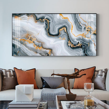 Modern Abstract Golden & Gray Glass Finish Horizontal Wall Art