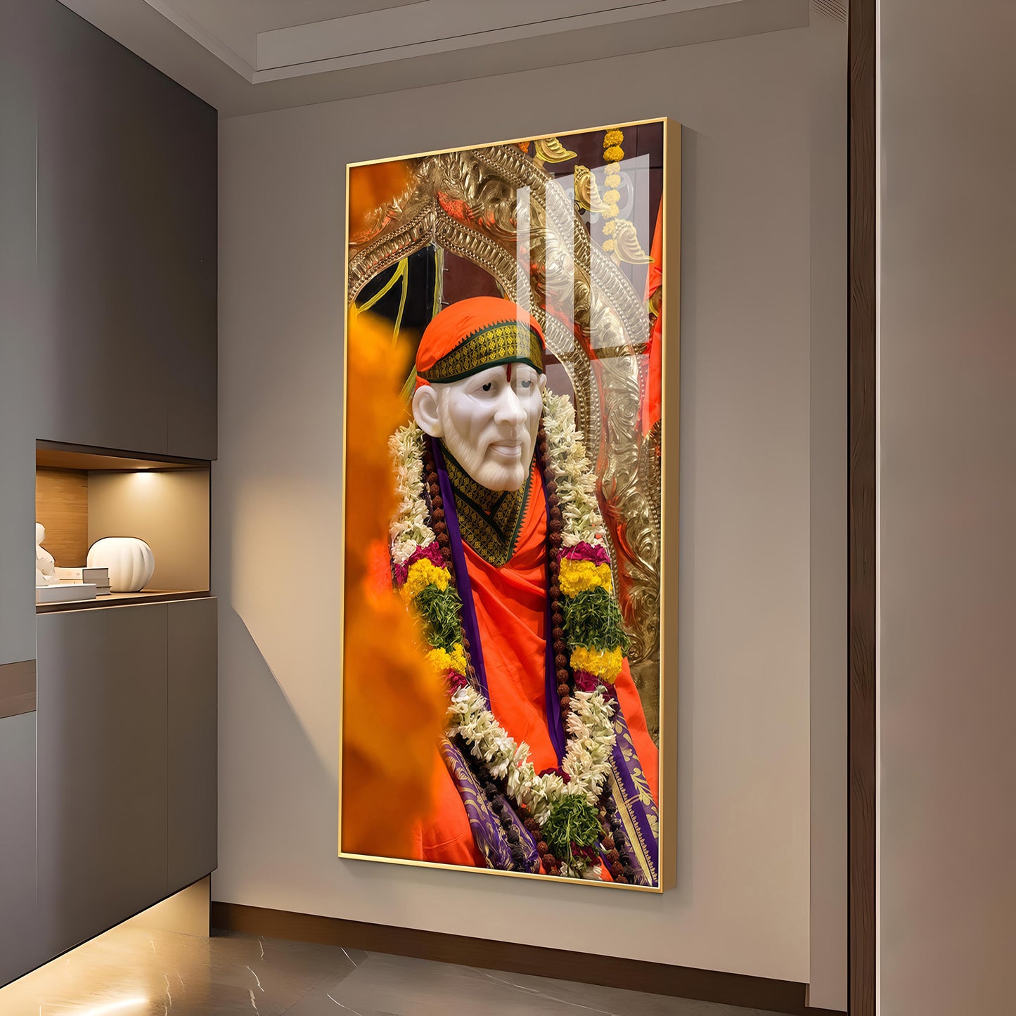Shirdi Sai Baba Glass Finish Vertical Wall Art