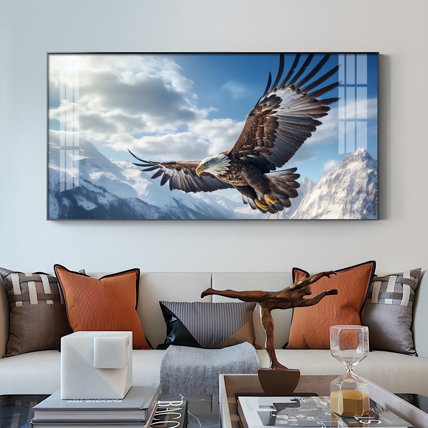 Eagle Flying Over Mountains Glass Finish Horizontal Wall Art