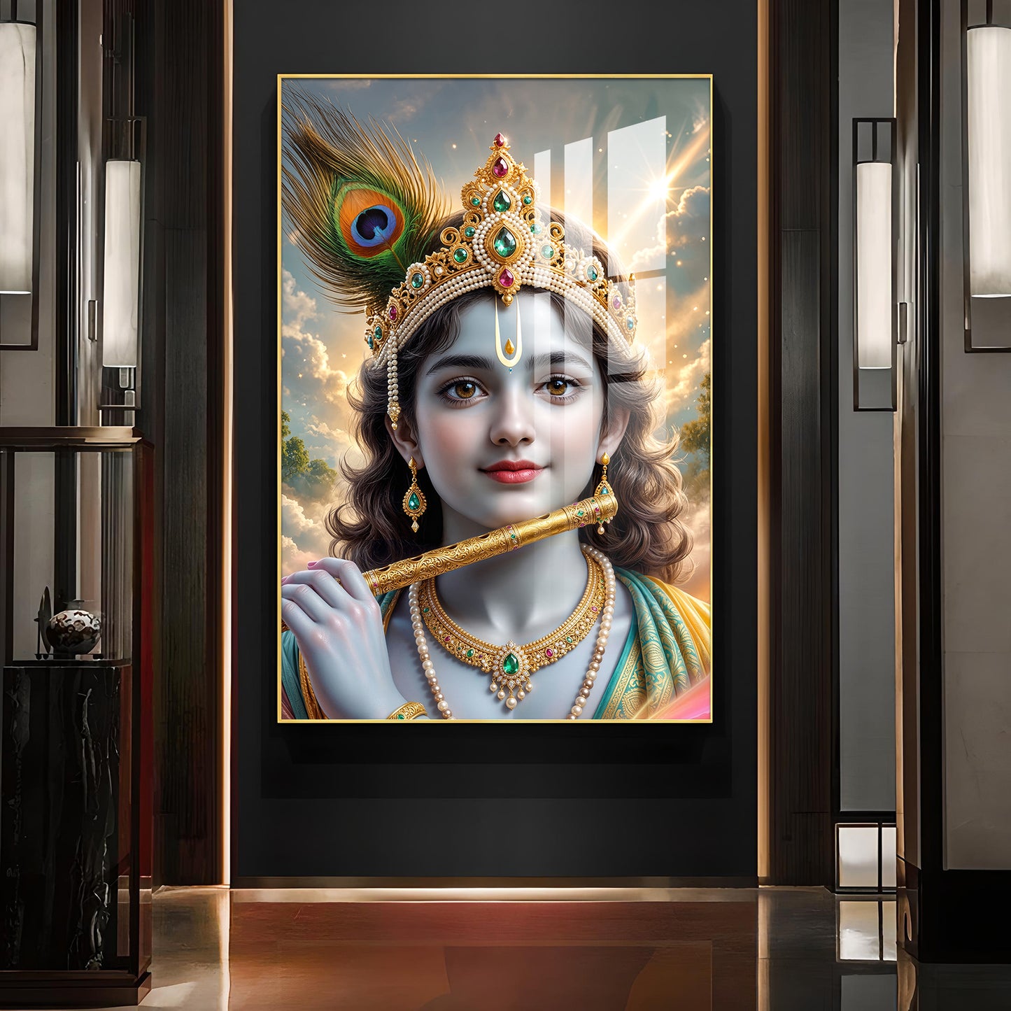 Shri Krishna Ji With Flute Glass Finish Vertical Wall Art