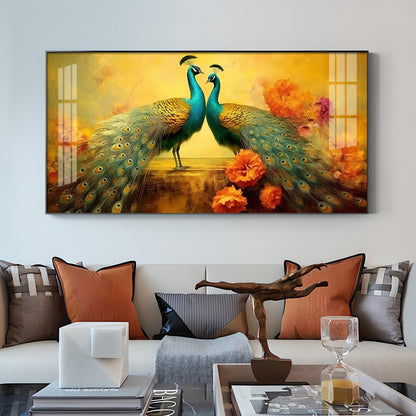 Peacocks With Flower Background Glass Finish Horizontal Wall Art