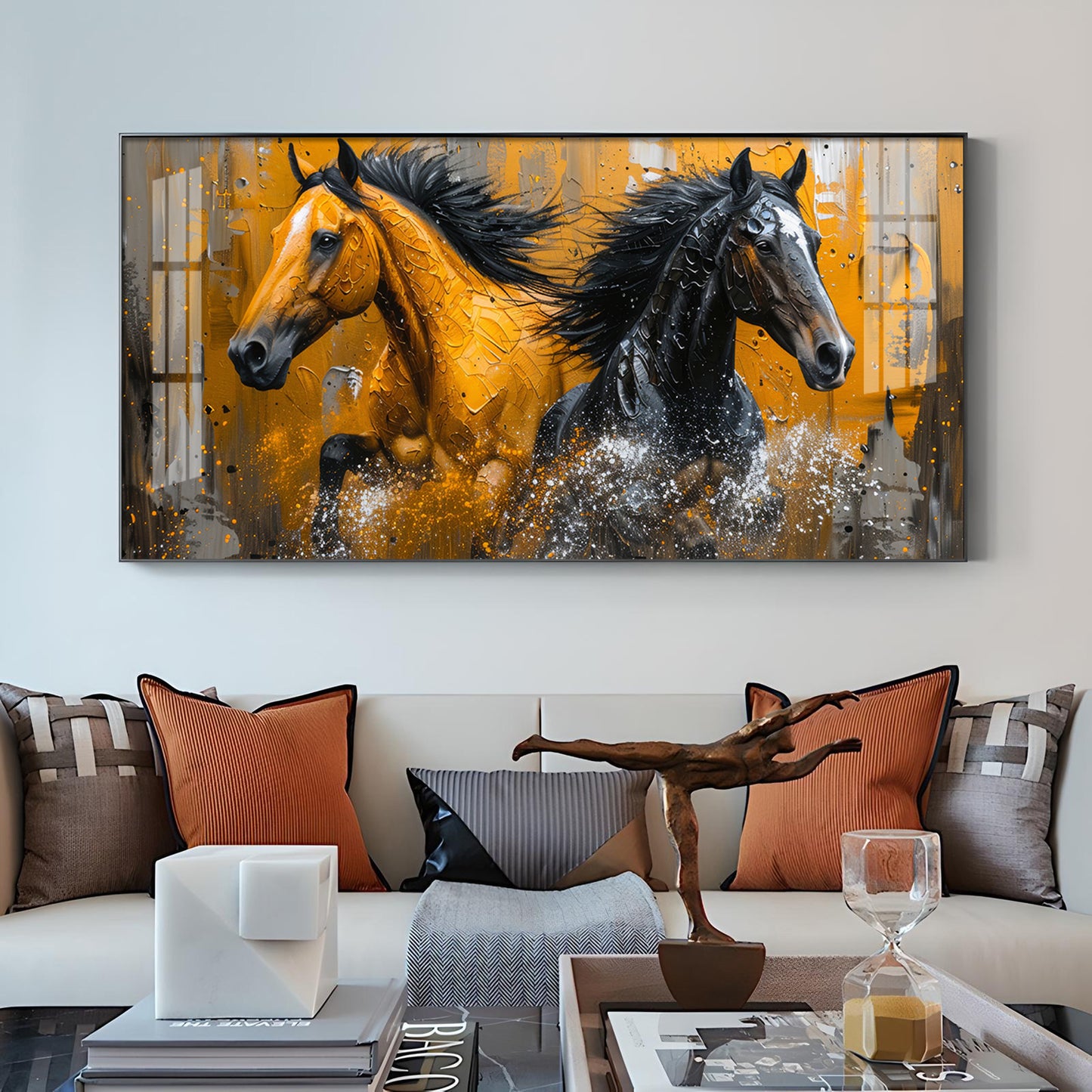 Two Horses Glass Finish Horizontal Wall Art