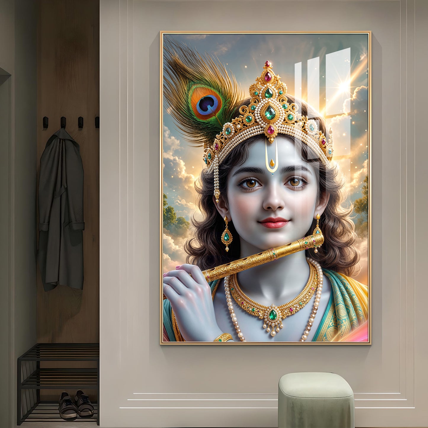 Shri Krishna Ji With Flute Glass Finish Vertical Wall Art