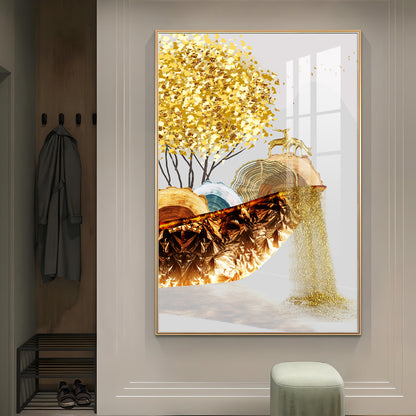 Golden Serenity Glass Finish Vertical Wall Art