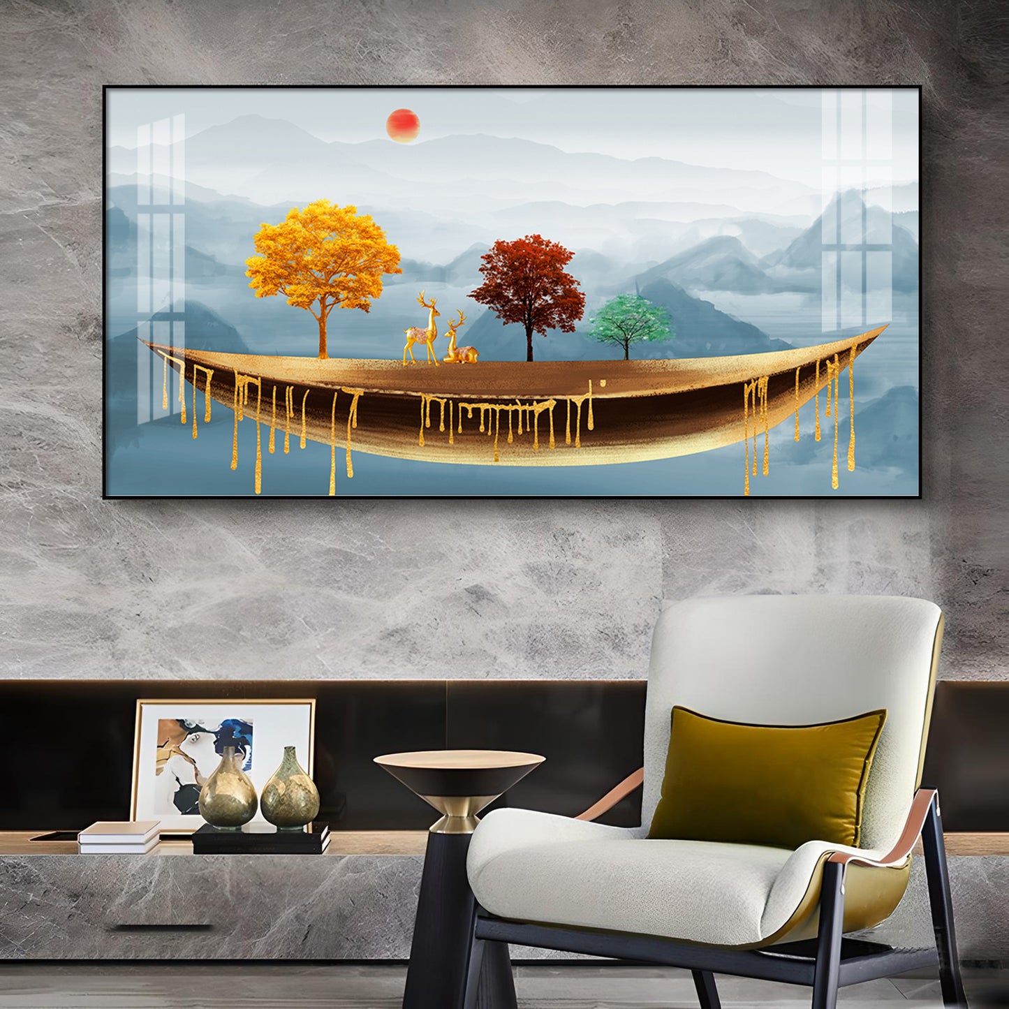 Golden Abstract Landscape Art Colored Line Tree Glass Finish Horizontal Wall Art