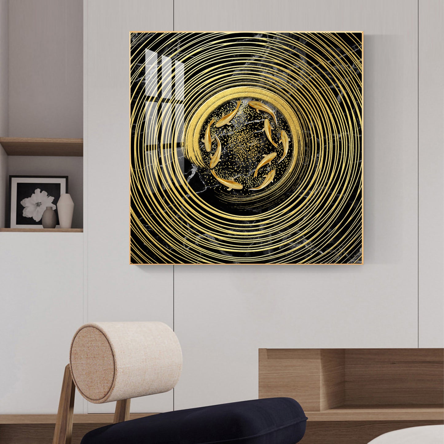 Noir & Gold Fish Glass Finish Square Wall Art