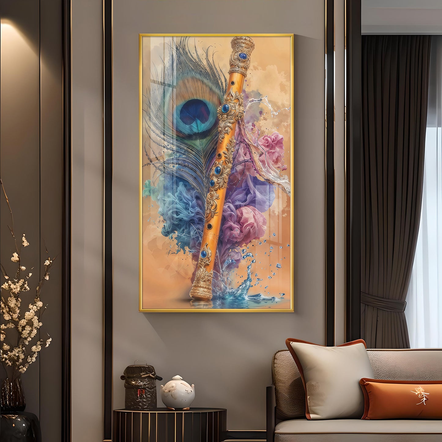 Peacock Feather With Flute Glass Finish Vertical wall Art