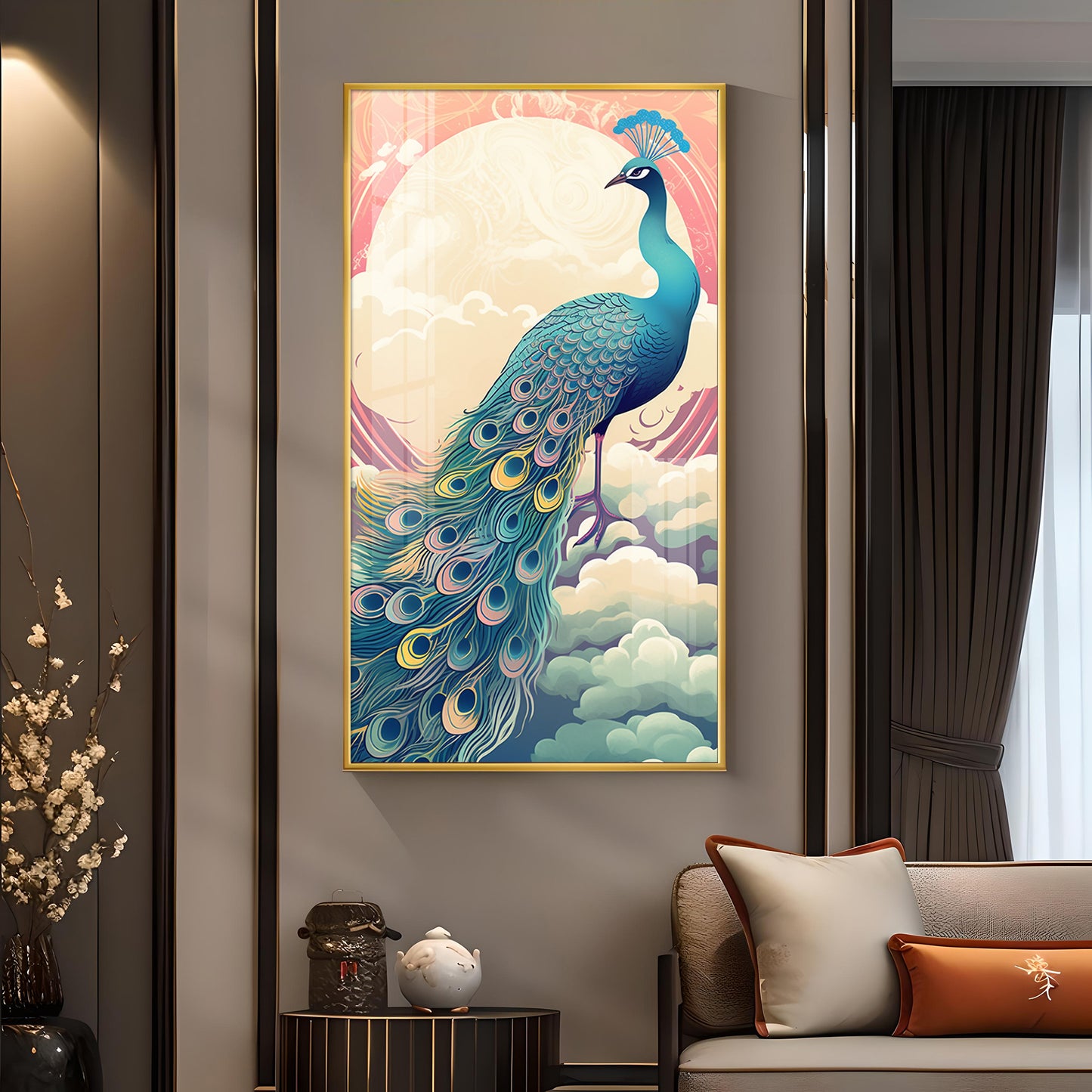 Heavenly Peacock Vista Glass Finish Vertical Wall Art