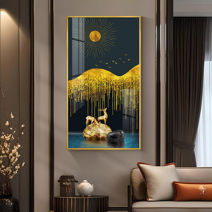 Golden Deer Essence Glass Finish Vertical Wall Art