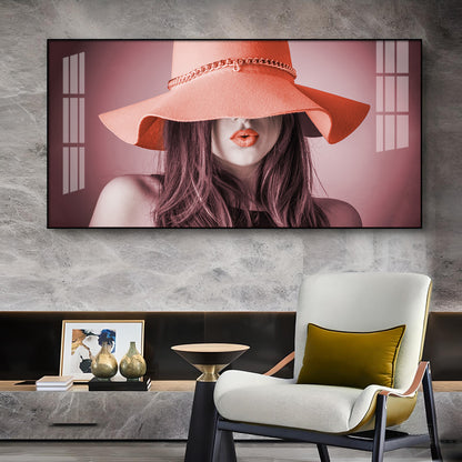 Modern Lady With Hat Glass Finish Horizontal Wall Art