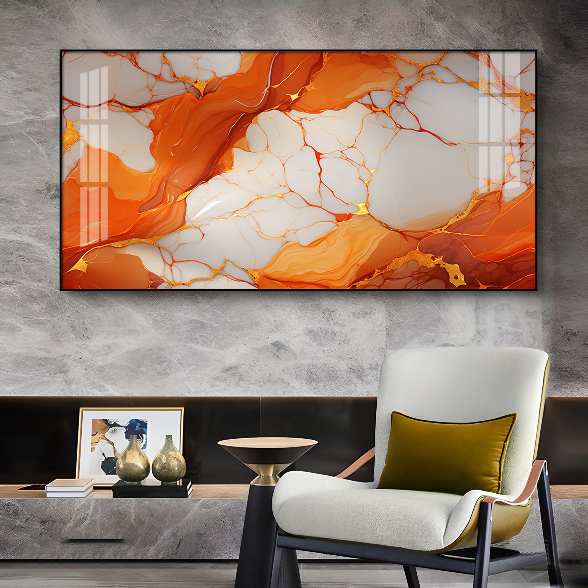 Marble Ink Orange Glass Finish Horizontal Wall Art