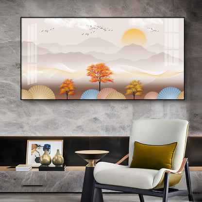 Tree With Mountains Glass Finish Horizontal Wall Art