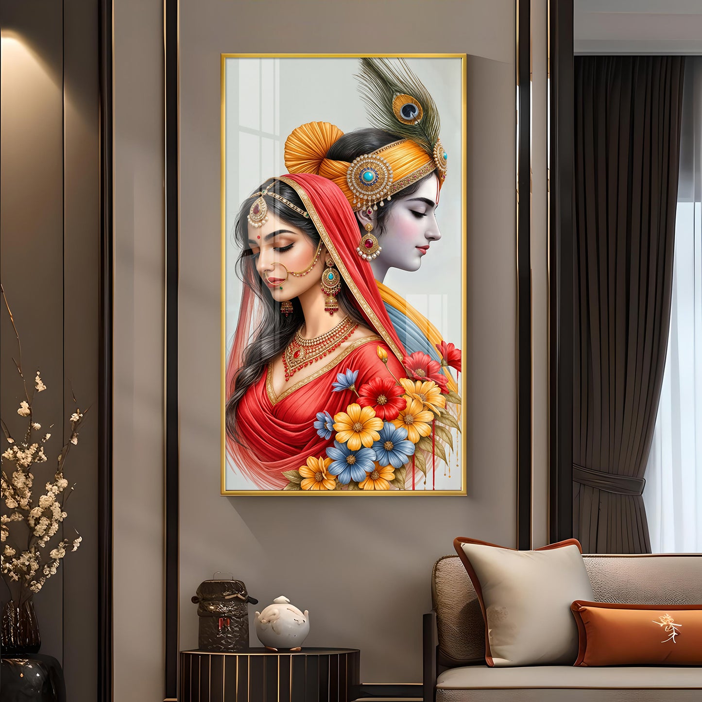 Loving Radha Krishna Glass Finish Vertical Wall Art