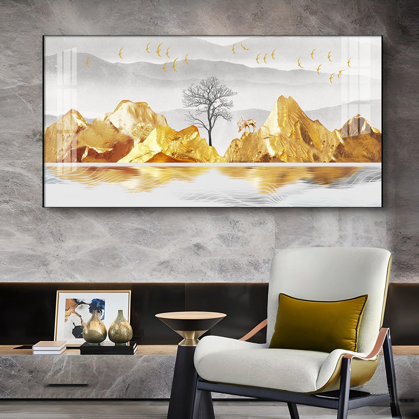 Golden Mountains And Birds Glass Finish Horizontal Wall Art