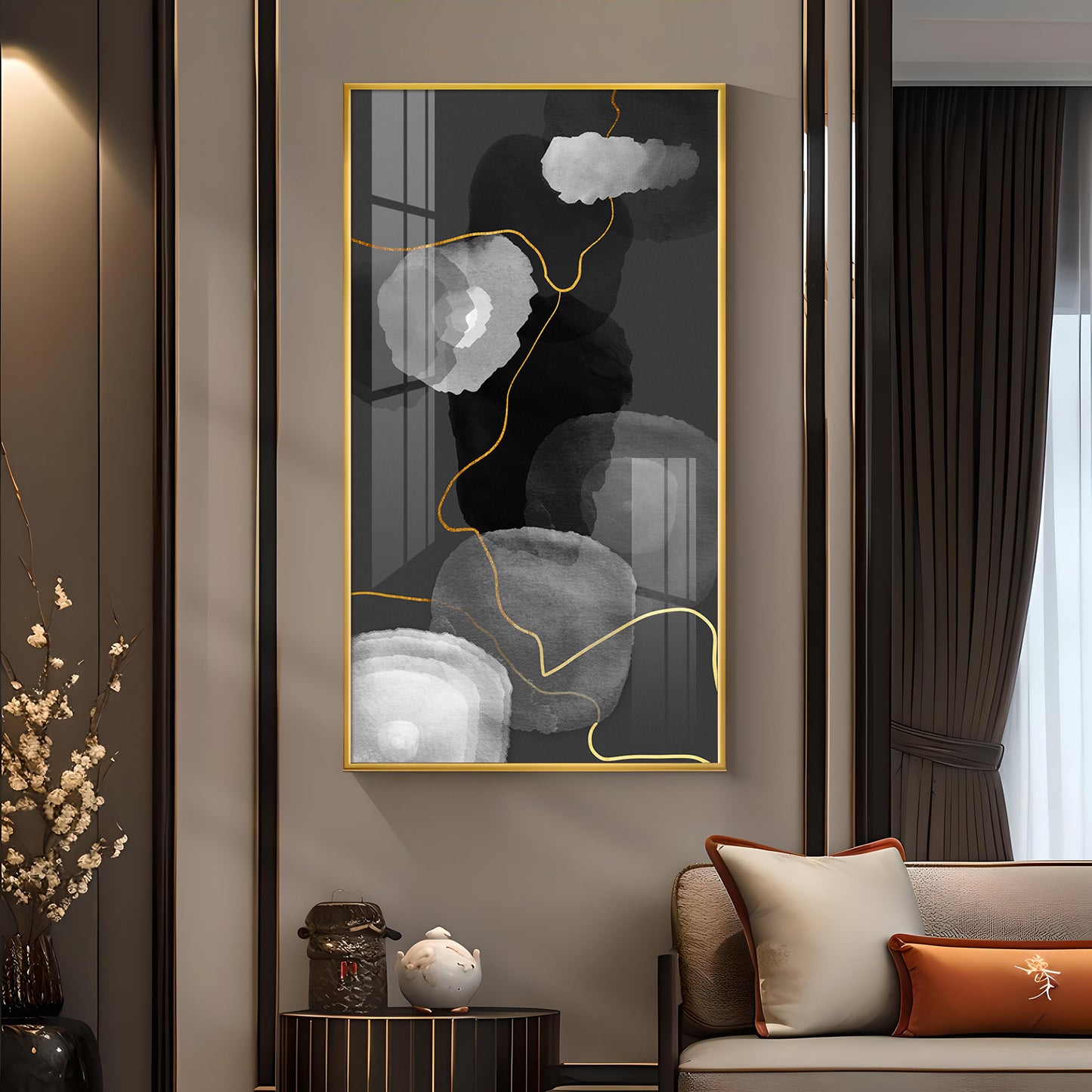 Black and White Symphony Glass Finish Vertical Wall Art