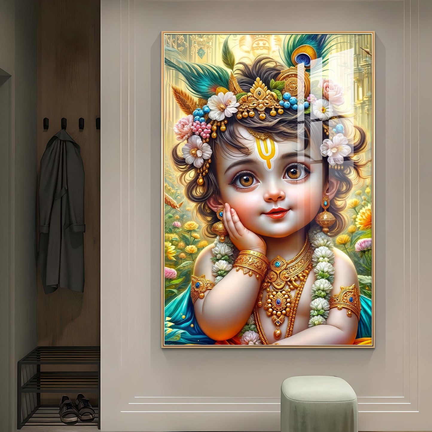Lord Baby Krishna Glass Finish Vertical Wall Art