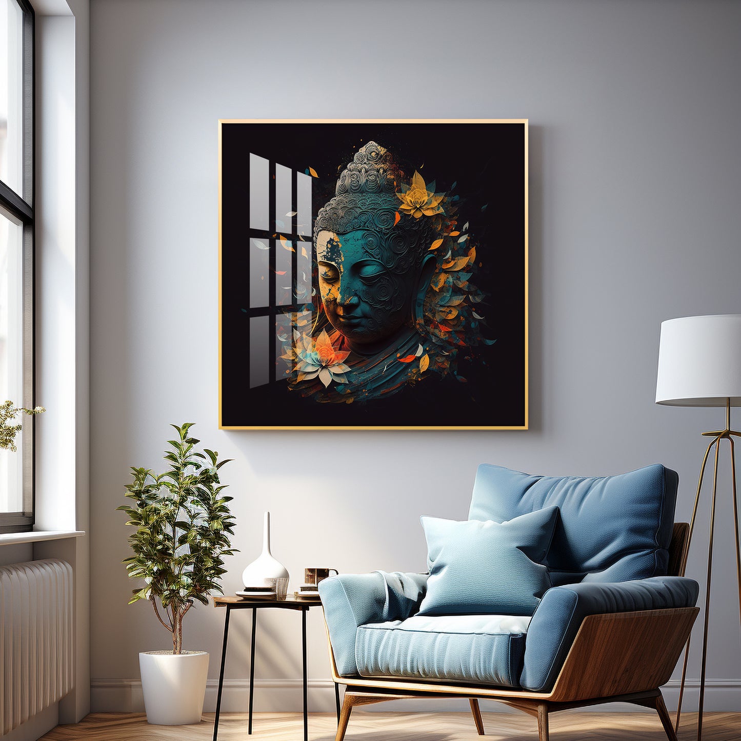 Peaceful Reflection Buddha Glass Finish Square Wall Art