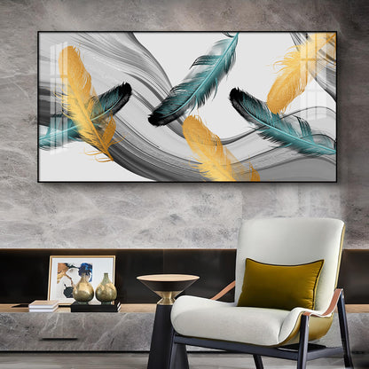 Ginkgo Leaf And Feather Glass Finish Horizontal Wall Art