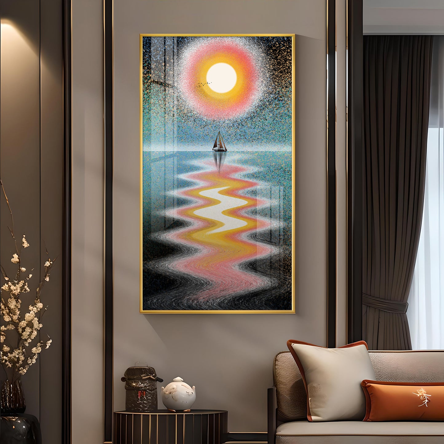 Sunlit Voyage Glass Finish Vertical Wall Art