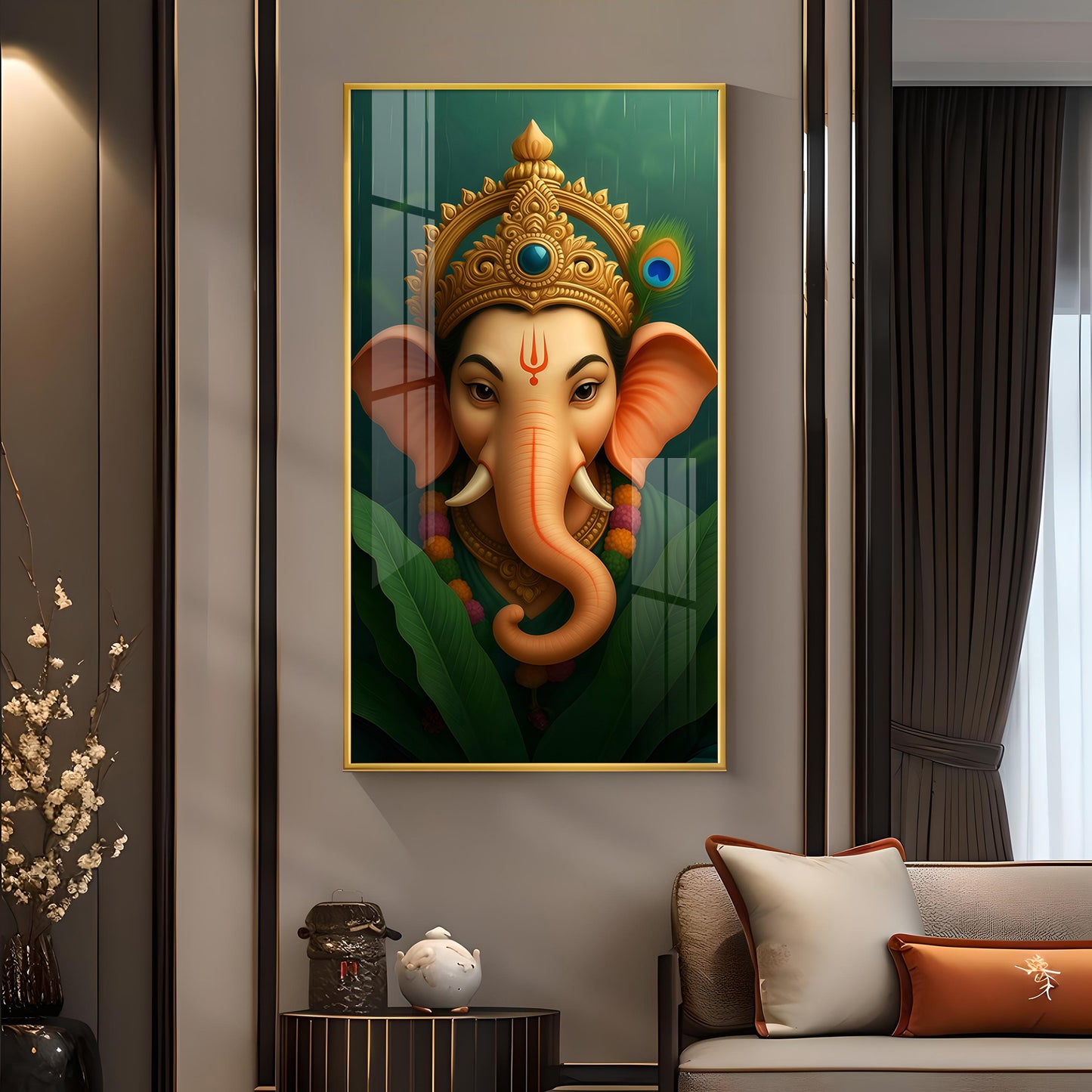 Vibrant Lord ganesha Artwork Glass Finish Vertical Wall Art
