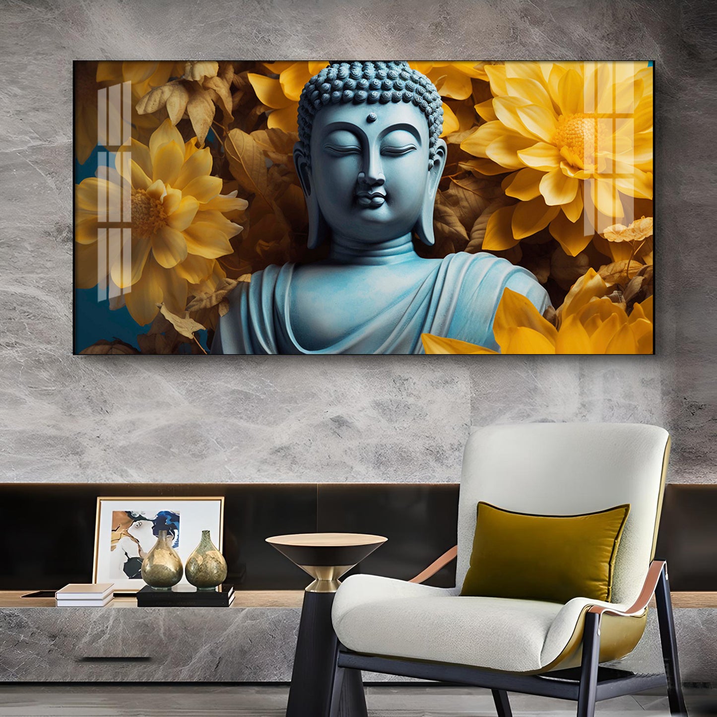 Majestic Buddha With Flower Glass Finish Horizontal Wall Art