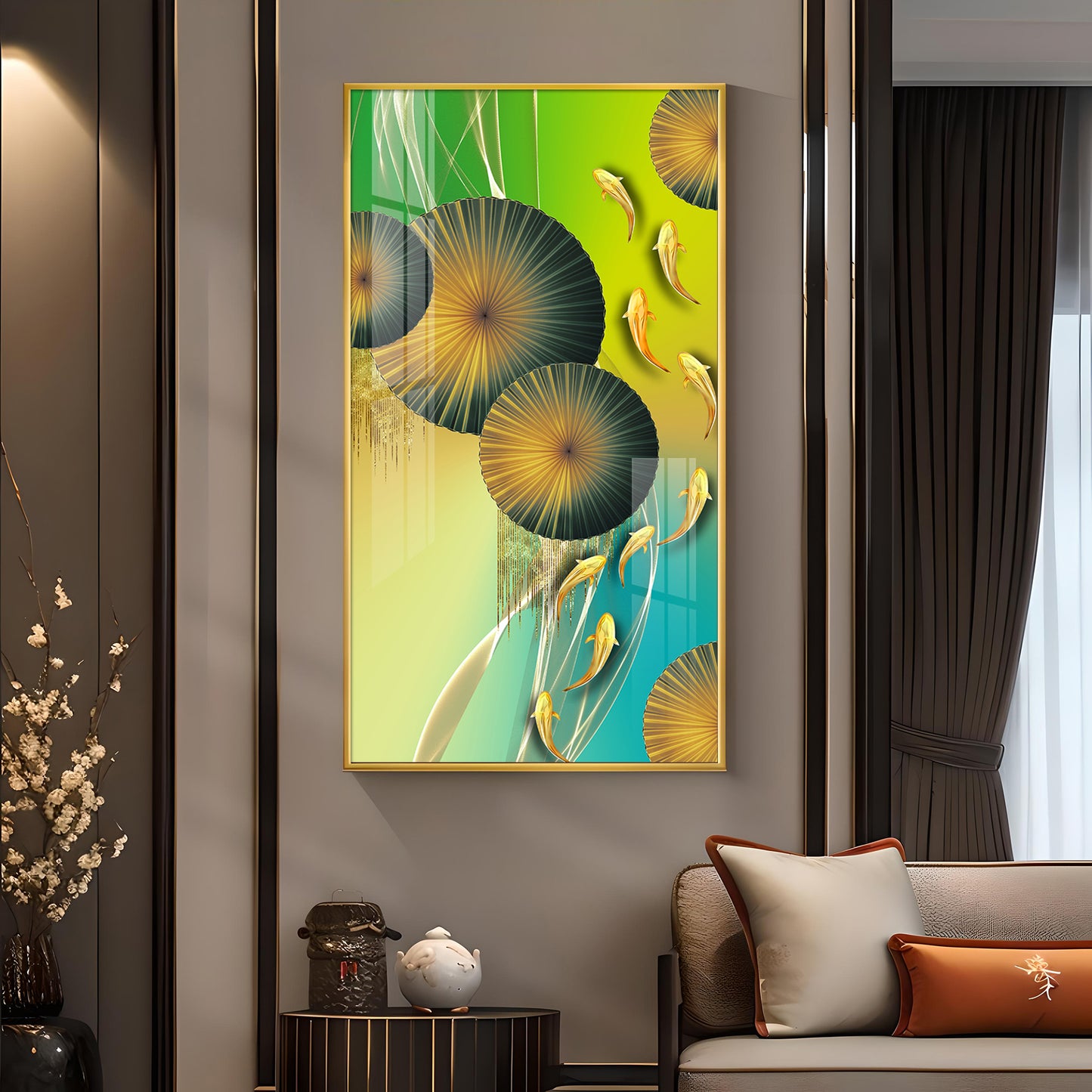 Emerald Oasis Koi Glass Finish Vertical Wall Art