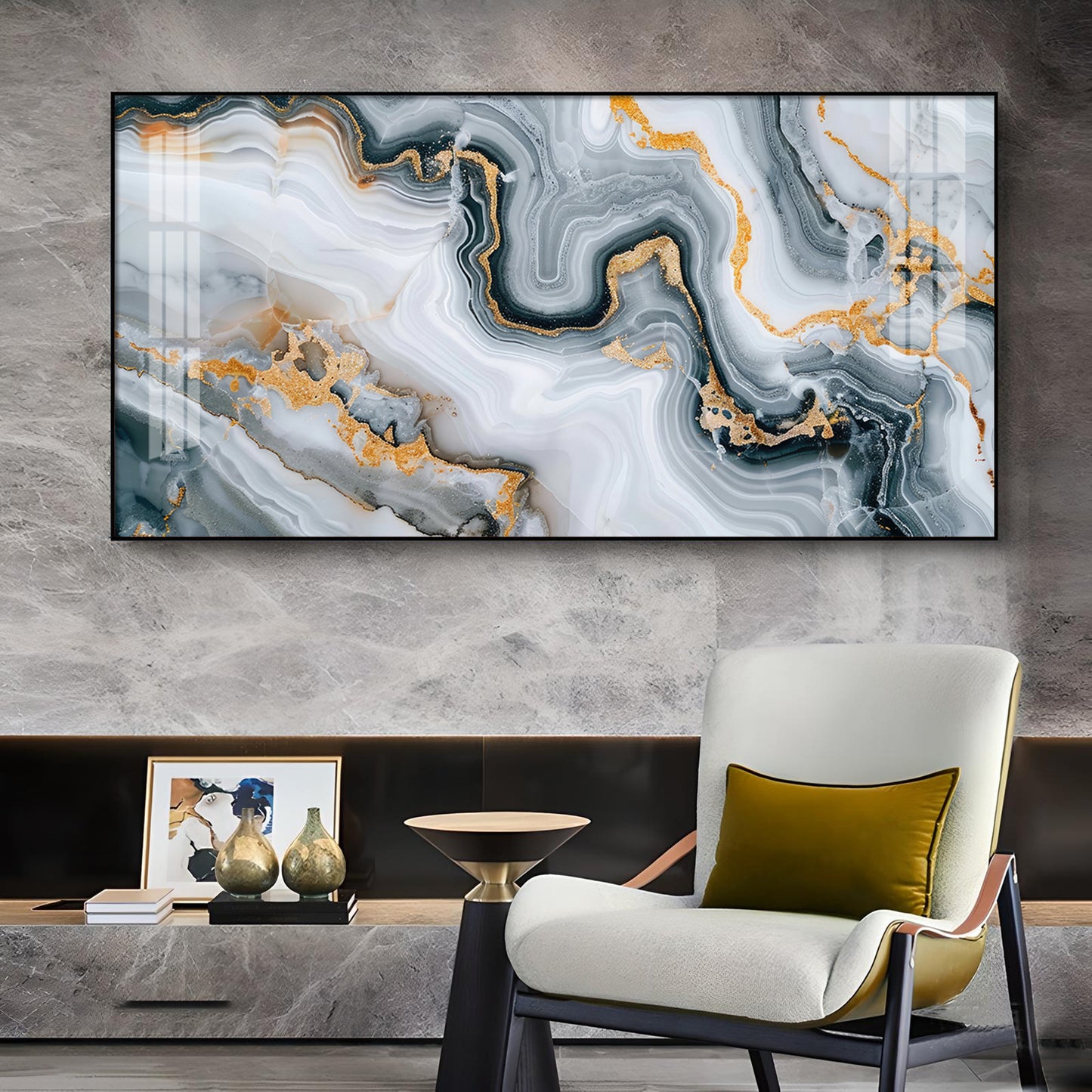 Modern Abstract Golden & Gray Glass Finish Horizontal Wall Art