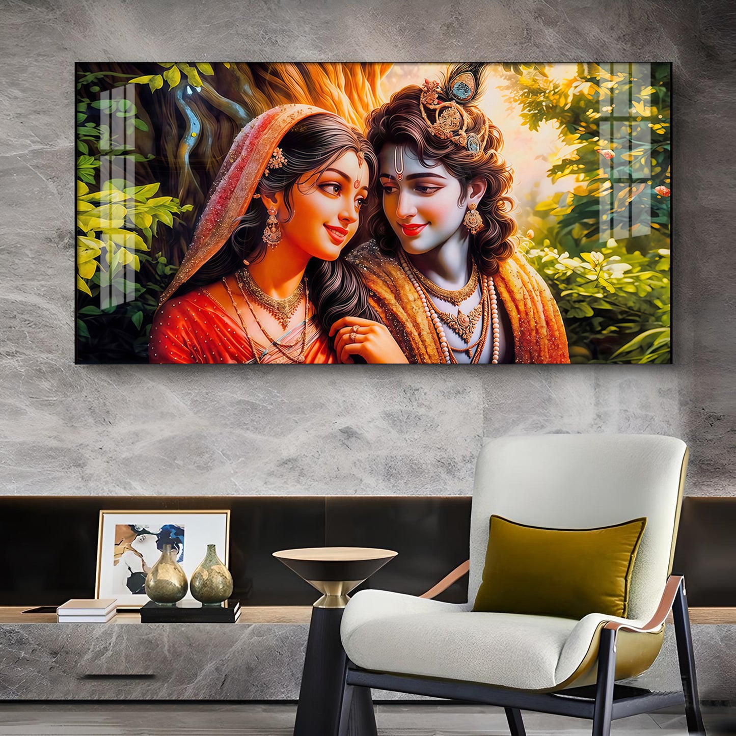 Loving Couple Radha and Krishna Glass Finish Horizontal Wall Art