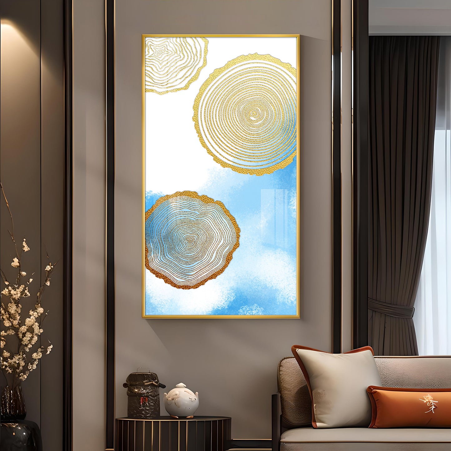 Blue Serenity Rings Glass Finish Vertical Wall Art