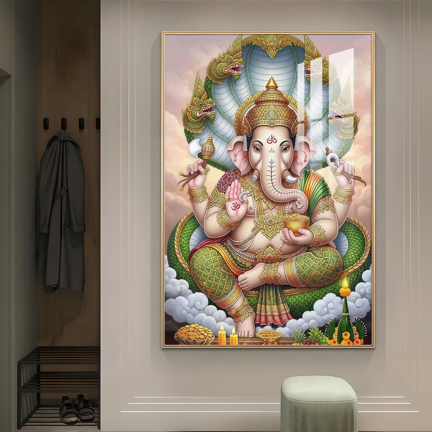 Hindu Lord Ganpati Bappa Glass Finish Vertical Wall Art