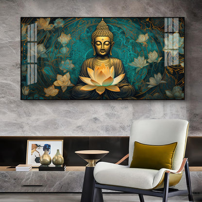 Golden Buddha With Lotus Glass Finish Horizontal Wall Art