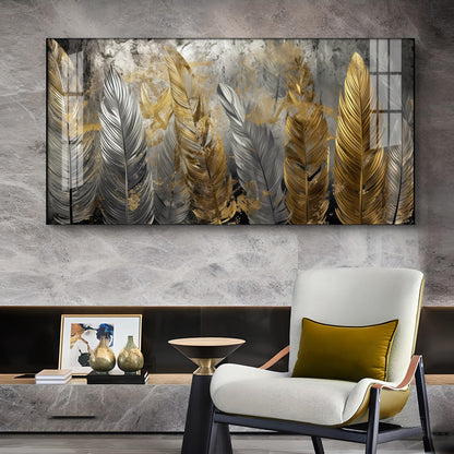 Golden And Silver Feather Glass Finish Horizontal Wall Art