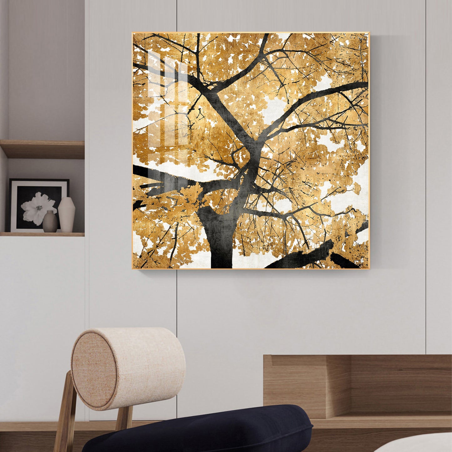 Radiant Tree of Gold Glass Finish Square Wall Art