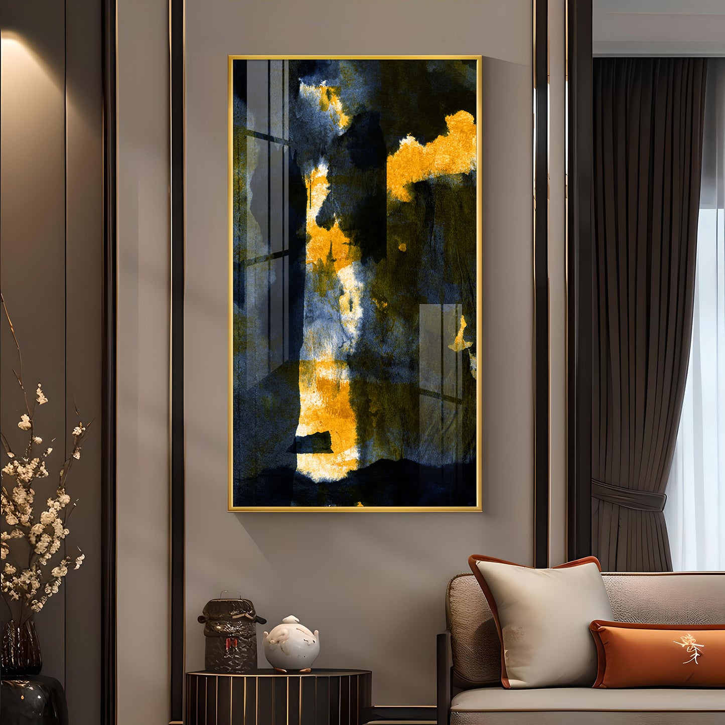 Golden Nightfall Glass Finish Vertical Wall Art