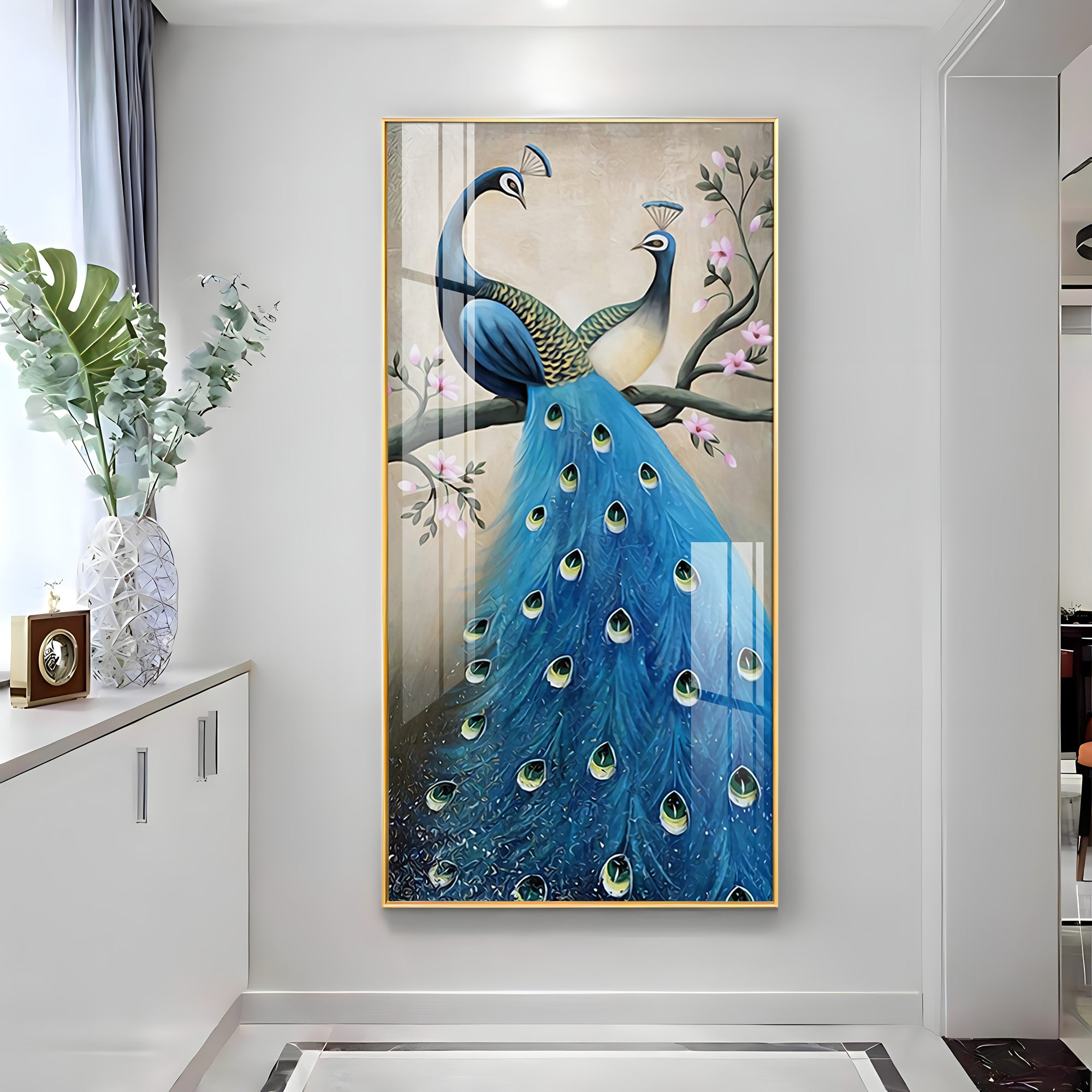Dual Peacock Serenity Glass Finish Vertical Wall Art