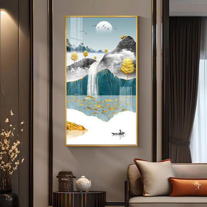 Painting of a Waterfall and Boat Glass Finish Vertical Wall Art