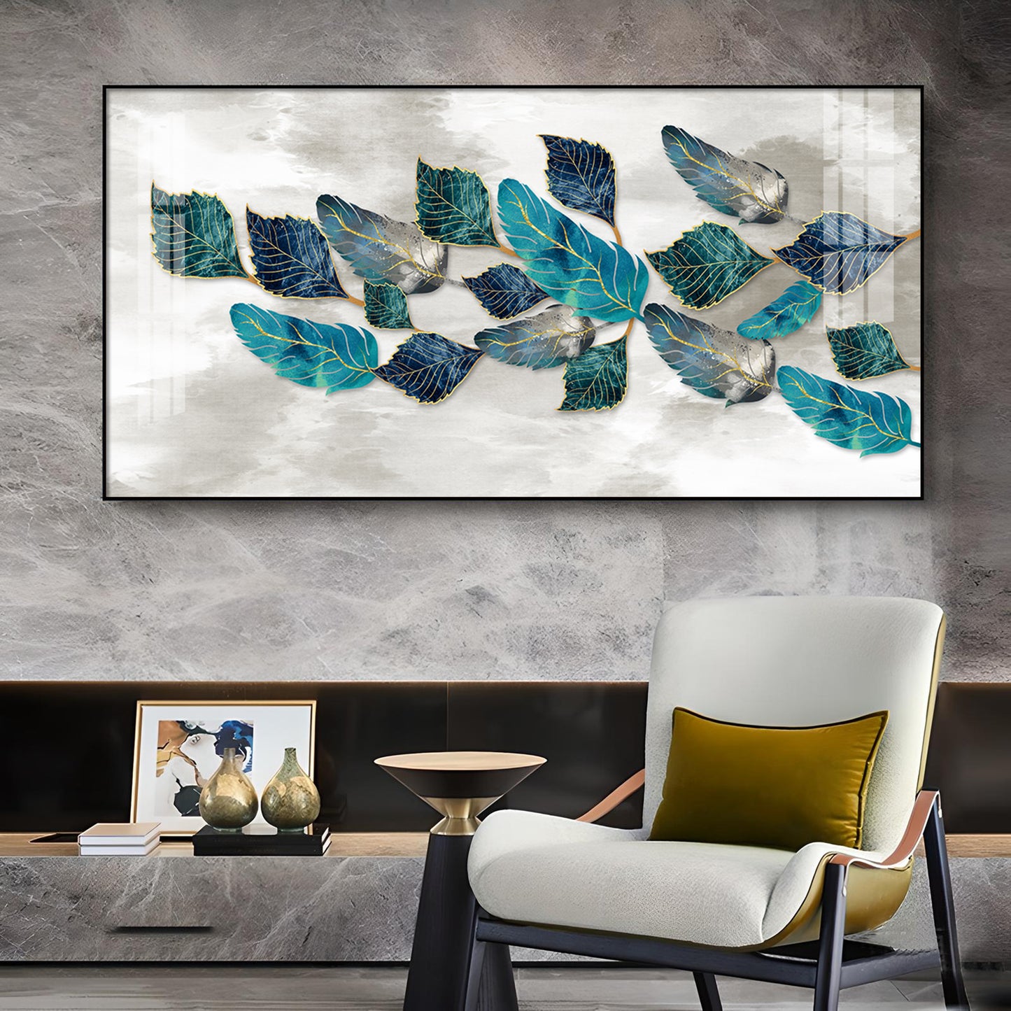 Turquoise Greay Leaves Glass Finish Horizontal Wall Art